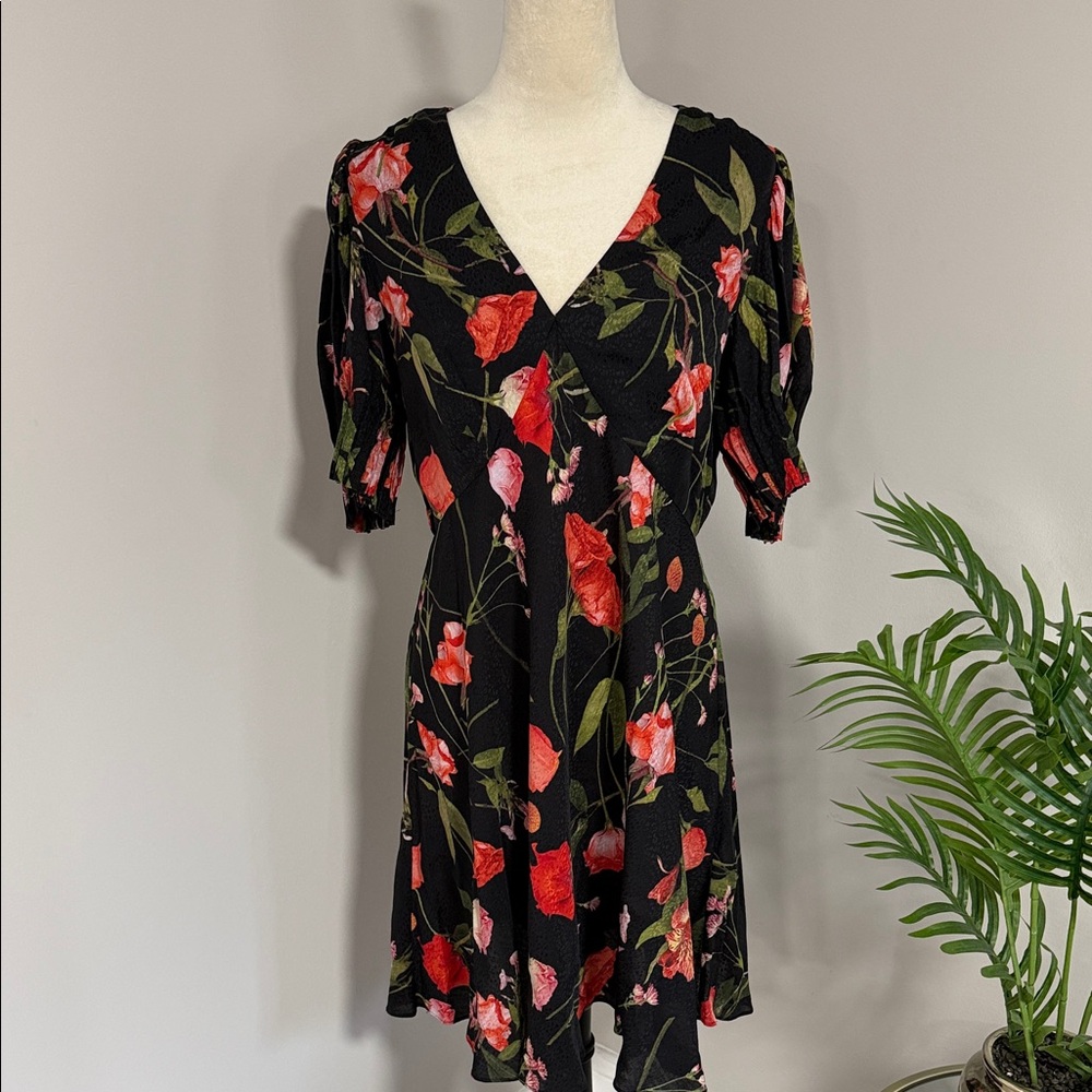 Black Floral V-Neck Women's Dress with Red & Pink Blooms